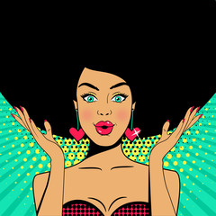 Wow pop art face. Sexy surprised sun-tanned woman with open mouth and raised black hair spreading her hands. Vector colorful background in pop art retro comic style.