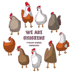 Birds chicken group isolate objects crazy characters.