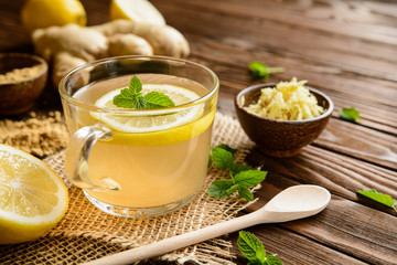 Ginger root tea with lemon, honey and mint