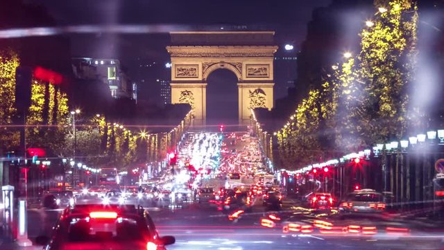 Time Lapse of the busy traffic on Avenue des Champs-Élysées. The Arc de Triomphe is in the background.