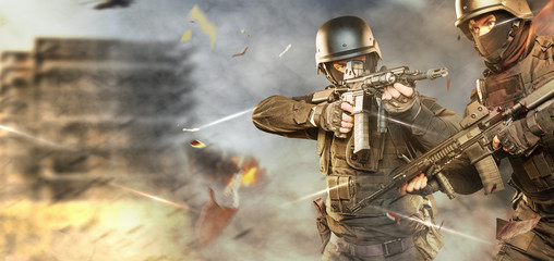 soldiers in full uniform with guns is going to attack. © romanolebedev