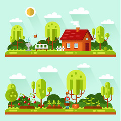 Fototapeta na wymiar Flat design vector landscape illustrations with farm house, bench, fountain, birds. Garden with beds of carrots, peas, tomatoes, pumpkin, gardener. Farming, agricultural, organic products concept.