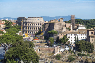 Rome Italy 18 June 2016. Colosseum Line C metro over ground construction. Rome metro is expanding with a third line that will cross Line B at Colosseo when complete.
