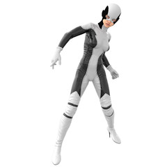 one teenage girl in a white dark super suit. The girl is turned to the camera. Legs wide apart. Standing in the waiting pose