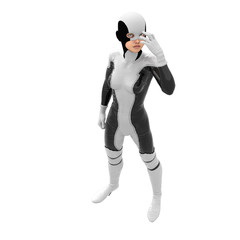 one teenage girl in a white dark super suit. A girl stands in a level position. Left hand close to the face. The view from the top