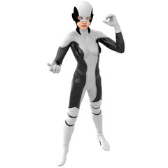 one teenage girl in a white dark super suit. A girl stands in a level position. The right hand close to the face. The left hand half bent. The view from the top