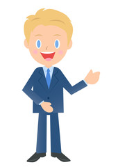 説明するビジネスマン、男性会社員のイラスト素材、三頭身