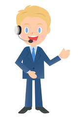 ヘッドセットをつけたビジネスマン、男性会社員のイラスト素材、三頭身