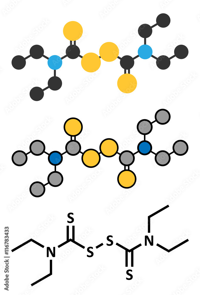 Poster disulfiram alcoholism treatment drug molecule.