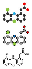 Diclofenac pain and inflammation drug (NSAID) molecule.