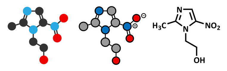 Metronidazole antibiotic drug (nitroimidazole class) molecule.