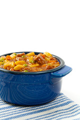 Slow Cooker Beef Stew Isolated on white. Selective focus.