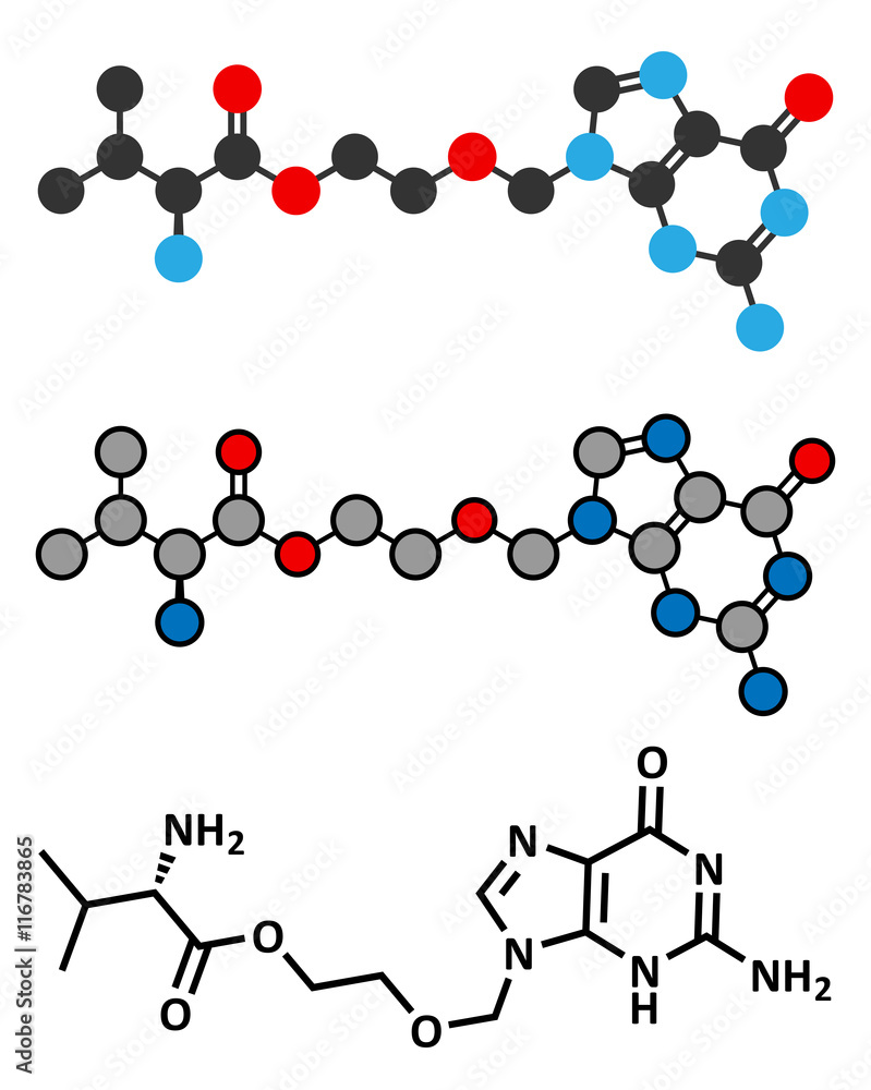 Poster valaciclovir (valacyclovir) herpes infection drug molecule.