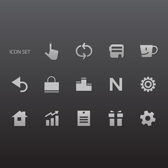 icon set with black background. finger, arrow, smile cup, shopping bag, N alphabet, gear, house, document, gift box.