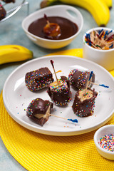 Banana Dessert Chocolate Banana Pops. Selective focus.