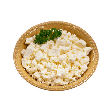 Feta Crumbled Cheese Isolated on White. Selective focus.