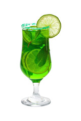 Lime and Mint, Green Vodka Drink Isolated on white background. Selective focus.