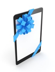 Black tablet with blue bow and empty screen. 3D rendering.