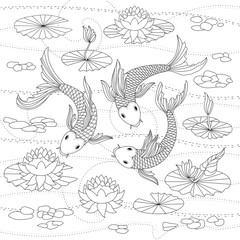 Vector monochrome illustration of japanese koi for coloring page