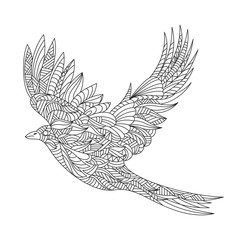 Vector monochrome hand drawn zentagle illustration of magpie. Co