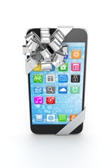 Black phone with silver bow and icons. 3D rendering.