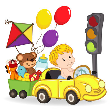 baby boy by car with toys - vector illustration, eps