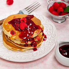 Pancakes with Raspberry Sauce. Selective focus.
