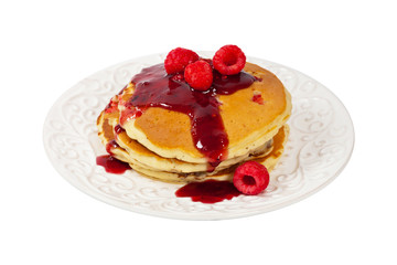 Pancakes with Raspberry Isolated on White. Selective focus.