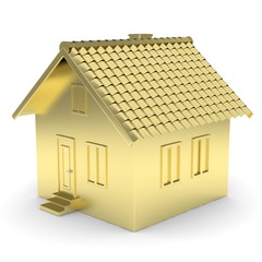 Golden house on white background. Concept of investment in real estate and symbol of wealth, business and safety. New family house. 3D rendering.