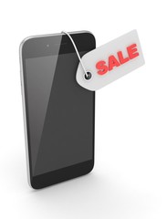 Smart phone with red sale label on white background. Best offer. Leader of sales. 3D rendering.