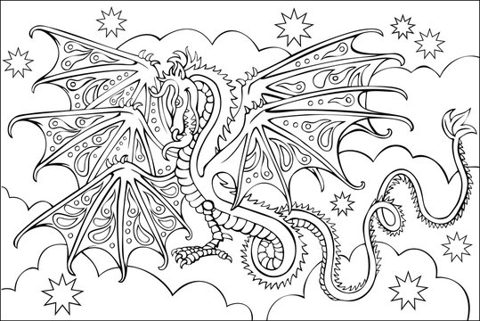 Page with black and white drawing of dragon for coloring. Developing children skills for drawing. Vector image.