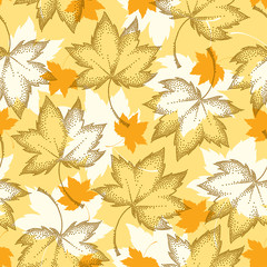 Vector seamless pattern with dotted maple leaves on the orange background. Floral autumn elements in dotwork style. Abstract autumn background with decorative falling maple leaves for September design