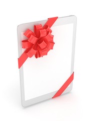 White tablet with red bow and empty screen. 3D rendering.