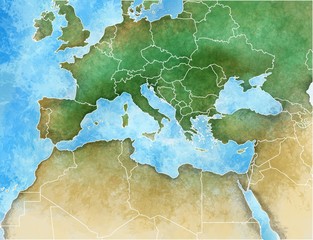 Cartina disegnata a mano del Mediterraneo, Europa, Africa e Medio Oriente