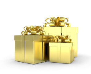 three gift boxes with bows isolated on white. 3d rendering.