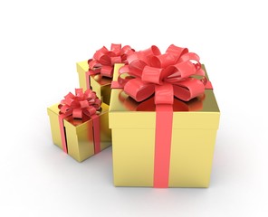 three gift boxes with bows isolated on white. 3d rendering.
