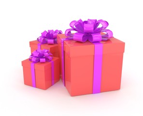 three gift boxes with bows isolated on white. 3d rendering.