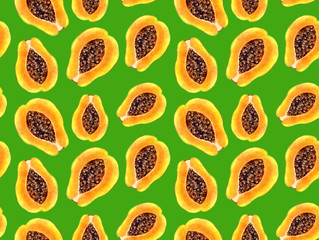 Watercolor hand painted papaya seamless pattern. Exotic fruit wallpaper green background