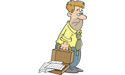 Cartoon illustration of an tired man with an open briefcase.