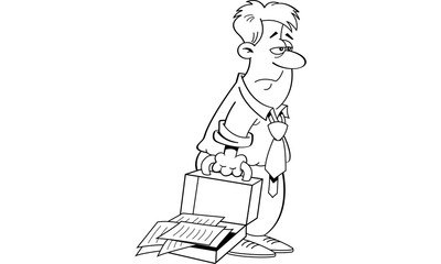 Fototapeta premium Black and white illustration of an tired man with an open briefcase.
