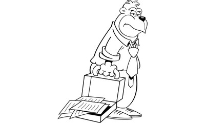 Black and white illustration of a tired gorilla with a briefcase.