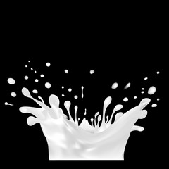 Milk splash vector illustration on black background, realistic image. Realistic Cream drop. 3d illustration.