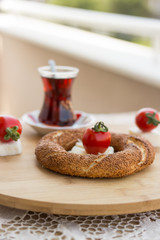 Simit with tea / Turkish Bagel.