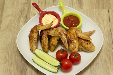 Roasted chicken wings with vegetables and sauce on a white plate