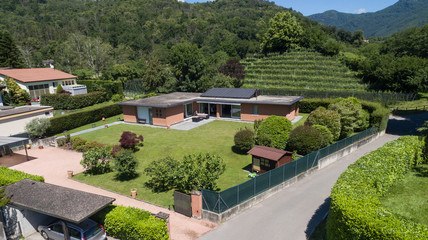 modern brick house, aerial view