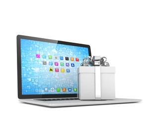 Gift box with ribbon bow on laptop keyboard. 3d rendering.