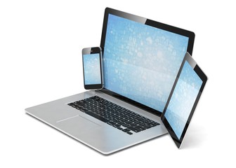 laptop, tablet, phone, on white. 3d rendering.