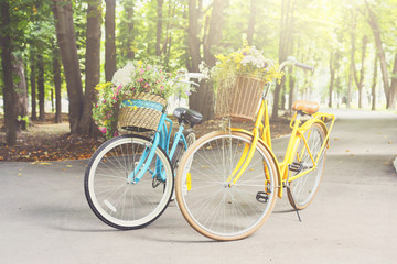 Fototapeta na wymiar Yellow and turqoise city woman bicycles with flowers in park