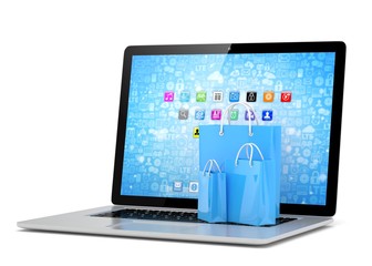 laptop and  shopping pags on white background. 3d rendering.