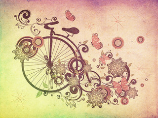 Naklejki  Stary rower i kwiatowy ornament Grunge